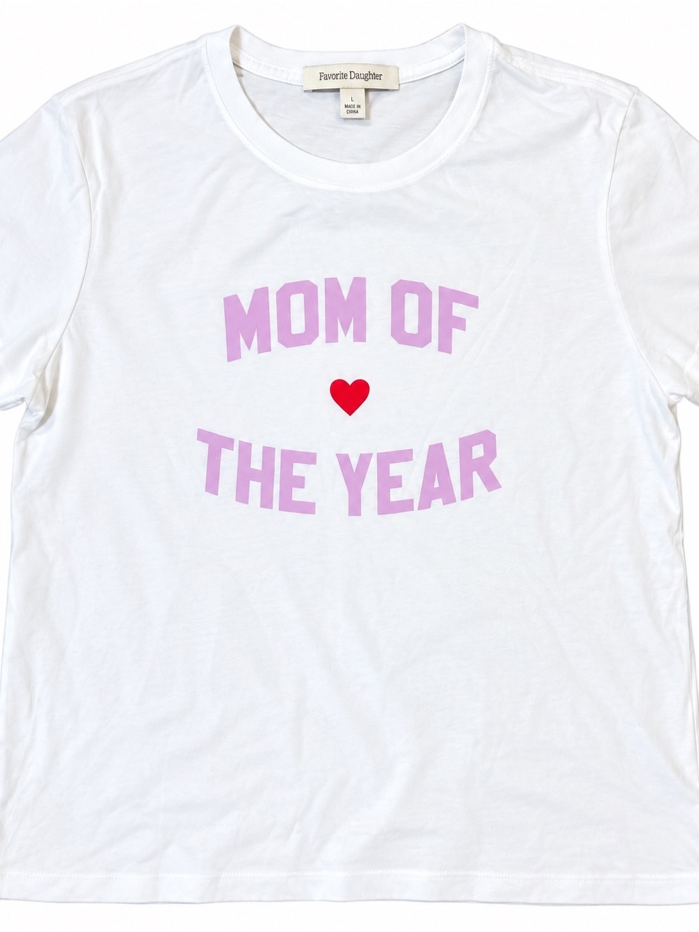 Favorite Daughter White Tee with light purple Letters and Red Heart, Size L